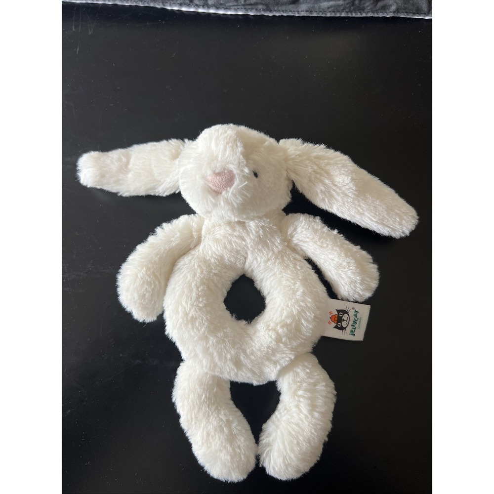 Little Jellycat London Cream White Bunny Rabbit Plush Rattle Ring Baby Toy 7"